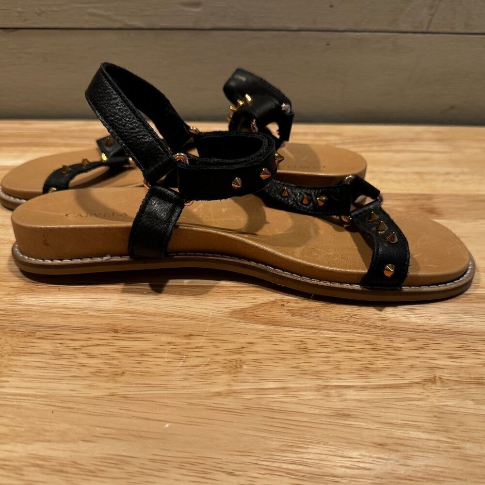 Carvela Kurt Geiger Kilter Flat Leather Sandals Black w/ Gold Studs Size US 7.5 - Picture 2 of 8